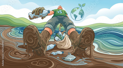 A person struggling in polluted mud while trying to clean up plastic waste near a body of water, with a symbolic image of Earth with a sprout in the background.