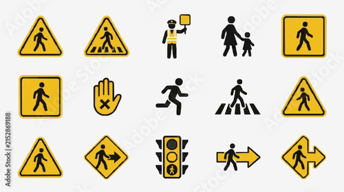 Minimalist Collection of 15 Bright Yellow Pedestrian and Road Safety Warning Signs with Black Icons