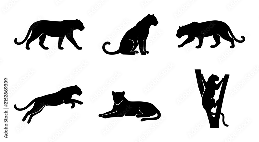 Obraz premium Black leopard silhouette set, wild panther vector icons, 6 big cat animal graphics in walking and jumping poses