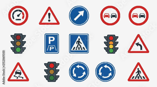 Minimalist Collection of 15 Essential Road Signs and Traffic Signals with Clear Icons and Color Coding