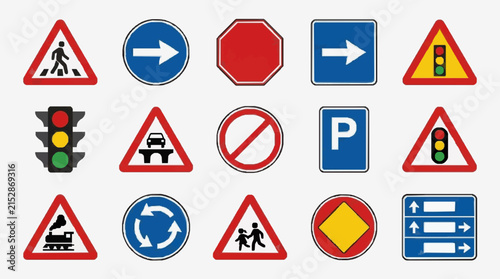 Minimalist Collection of 15 Essential Road Signs and Traffic Symbols in Bold Colors with high quality professional line art symbols for modern creative design and digital branding projects