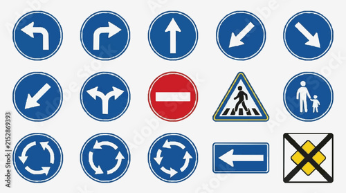 Minimalist Collection of 15 Essential Road Signs with Directional Arrows Pedestrian Symbols and Prohibitory Icons in Blue Red and Yellow