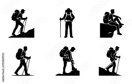 Hiking silhouette vector set, 6 mountaineering icons with backpacks and trekking poles, outdoor adventure and climbing graphics