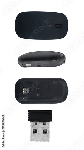 A sleek black wireless computer mouse and USB receiver ideal for enhanced productivity and modern tech setups with clean white