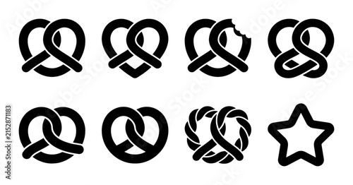 Minimalist pretzel icon set, black silhouette snack symbols, 8 vector bakery elements for menu design and food branding