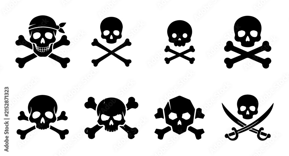 Naklejka premium Pirate skull and crossbones vector set, black jolly roger icons, 8 skull silhouettes with crossed bones and swords
