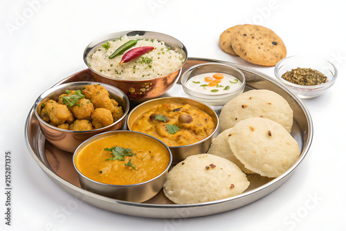 Rajasthani thali with dal baati churma, isolated on a pure white background