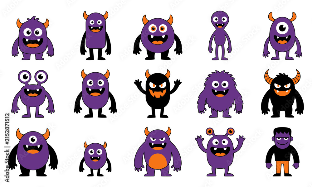 Fototapeta premium Cute purple monster collection, 15 cartoon alien characters in SVG format, friendly halloween creature set for kids games and stickers