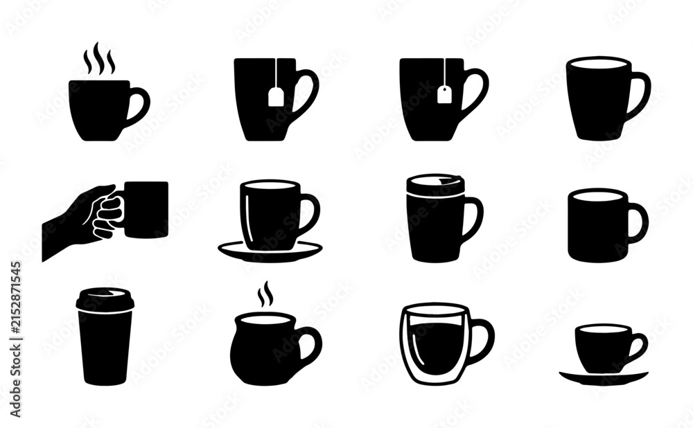Fototapeta premium Minimalist coffee cup icons, black silhouette mug set of 12 vectors, hot beverage and tea cup symbols for cafe menus