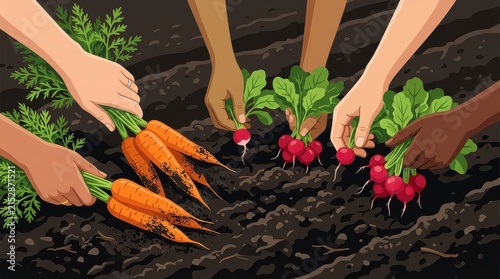 Hands harvesting fresh organic carrots and radishes from dark rich soil.