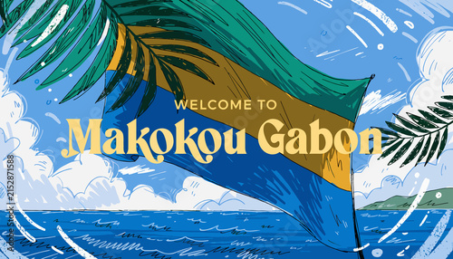 Welcome to Makokou Gabon: Vibrant Flag, Tropical Palms, Coastal Scenery, Blue Sky and Ocean