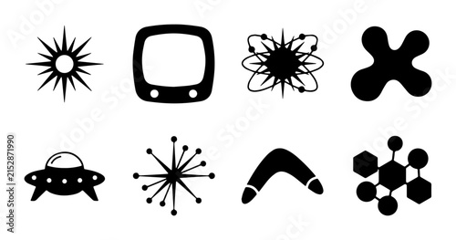80 Retro Atomic Starbursts, Mid-Century Modern TV, UFO, Boomerang, and Molecule Icons: Vintage Sci-Fi and Abstract Vector Graphics Set 100