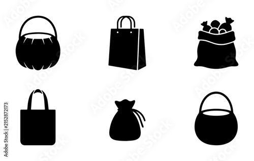 80 Set of 6 Black Shopping Bags and Pouches Icons, Vector Graphics for Retail and E-commerce, Simple Silhouette Collection 100