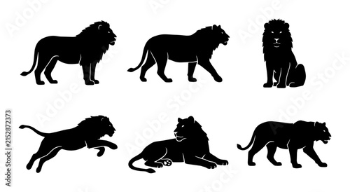 80 Lion Silhouettes Collection, Majestic Big Cat Poses, Wildlife Vector Icons, African Animal Graphics, Powerful Predator Illustrations, Black and White 100