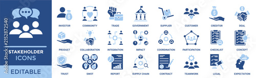 Stakeholder icon set editable. Containing investor, community, trade, government, supplier, customer, creditor, collaboration, coordination, participation and more. Solid vector icons collection. 