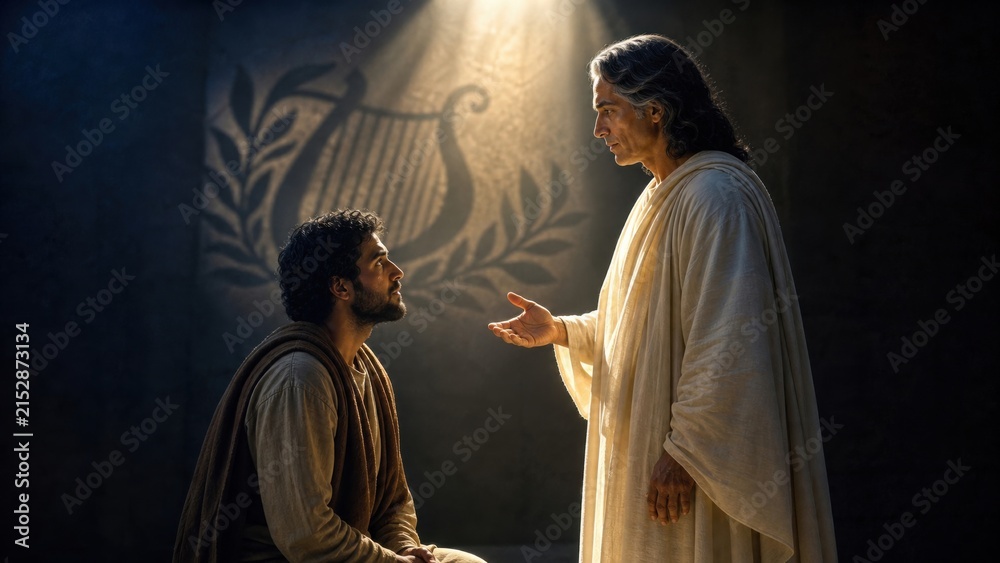 Obraz premium Angel appearing to Joseph in a dream. Biblical scene depicting an angelic messenger visiting a man to announce the birth of Jesus. Religious concept of faith, divine revelation and hope.