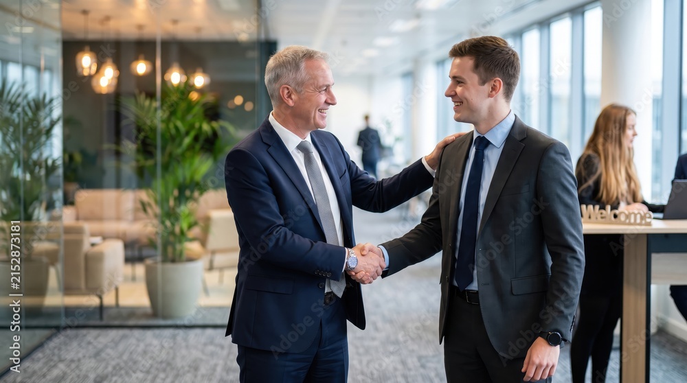 Fototapeta premium Senior executive congratulating a young male employee with a warm handshake and shoulder tap in the workplace.