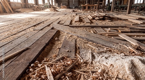 Natural industrial floor covered in wood debris and sawdust texture