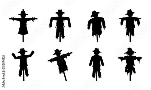 Cuadro en lienzo Set of 8 Scarecrow Silhouettes, Autumn Harvest Icons, Farm Halloween Vector Grap