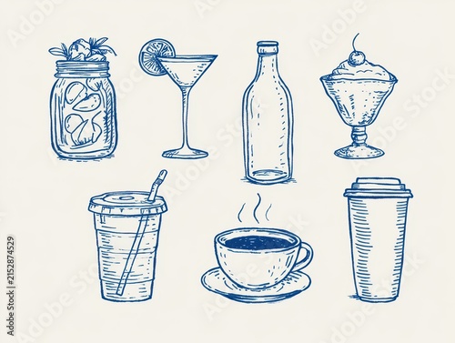 Collection of handdrawn beverage illustrations featuring various drinks including a mason jar, martini glass, bottle, sundae, coffee cup, and disposable cups, rendered in a blue sketch style