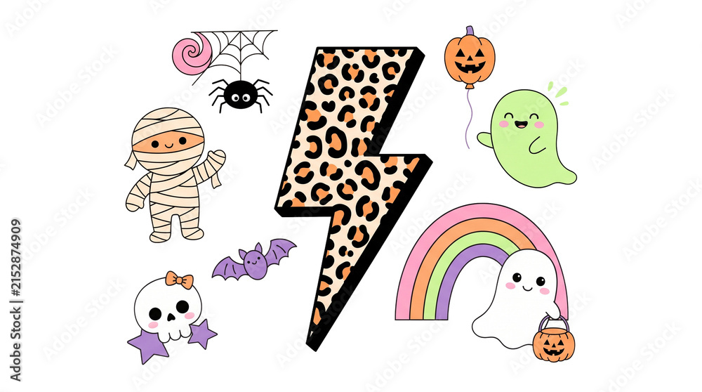 Fototapeta premium Leopard print lightning bolt with cute Halloween icons and spooky ghost illustrations