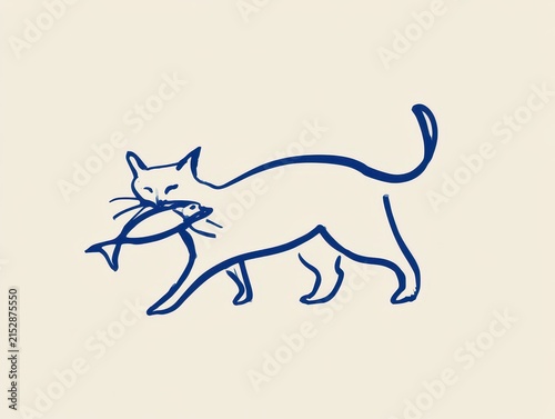 Minimalist line art drawing of a cat carrying a fish in its mouth