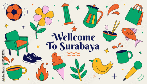 Welcome To Surabaya: Vibrant City Icons, Travel & Lifestyle Collection - Vector Illustration