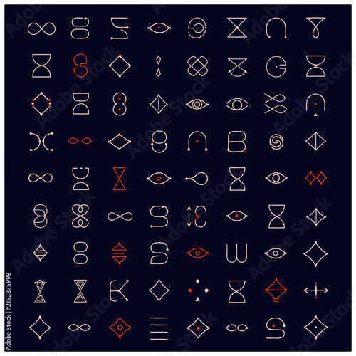 Set of 100 unique continuous line vector symbols and minimalist geometric icon collection