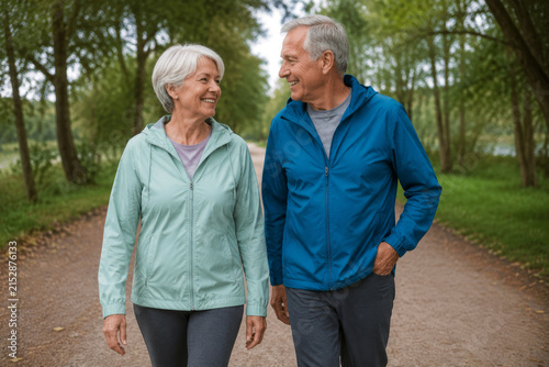 Active elderly couple in sporty outdoor clothing walking along a green city park trail surrounded by trees under soft overcast daylight. Healthy aging, outdoor activity and wellness concept