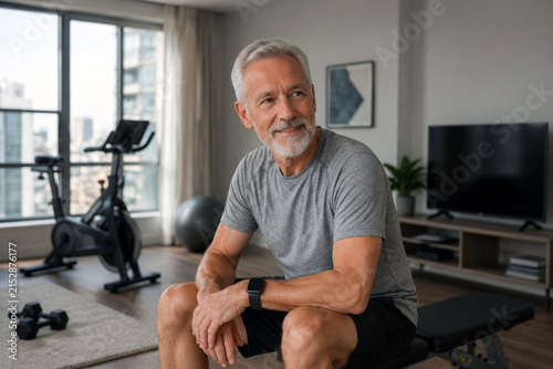Modern elderly man wearing casual clothing and a smartwatch in an apartment living room with fitness equipment, illuminated by soft daylight. Active aging, technology and wellness lifestyle concept