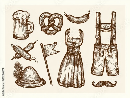 Set of handdrawn oktoberfest themed illustrations including beer mug, pretzel, sausage, dirndl, lederhosen, hat, flag, and mustache, brown ink sketches on cream background
