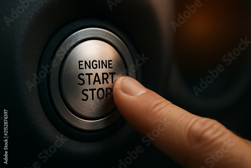Finger pressing engine start stop button in a dark car interior close up
