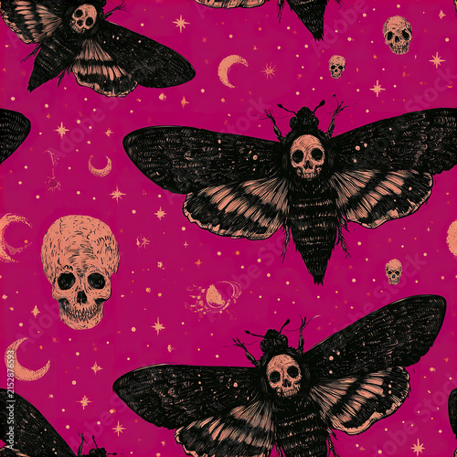 Mystical Halloween insect seamless pattern with black moths and skulls on dark pink background creating spooky atmosphere