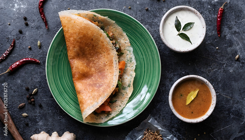 Crispy Masala Dosa with Sambar and Chutney