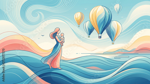 A mother holds her baby while watching hot air balloons fly in the sky above a colorful, wavy ocean. A symbol of dreams, freedom, and new beginnings