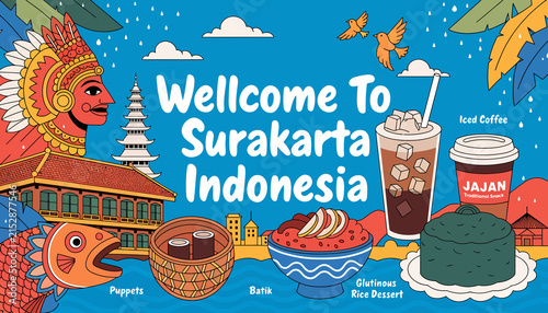 Welcome to Surakarta Indonesia: Traditional Culture, Food, and Scenery Illustration