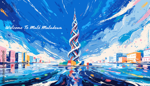 Welcome to Male Maldives: Vibrant Cityscape with Modern Tower and Ocean Reflection