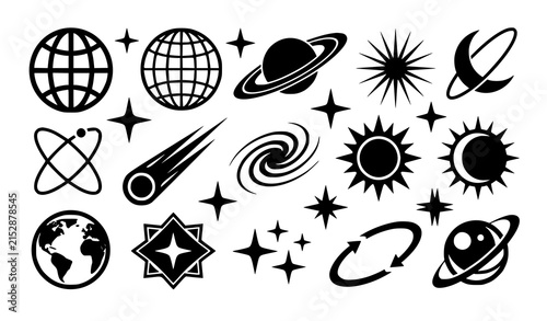 Y2K Globe Star and Cosmic Shapes Retro Futuristic Clothing Graphic Vector Set