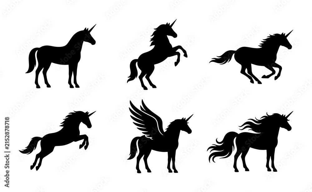 Fototapeta premium 70 Mythical Unicorn Silhouettes Collection, Magical Horse Vector Icons, Fantasy Creature Graphics, Enchanted Animal Illustrations, Black and White Legend Set 100