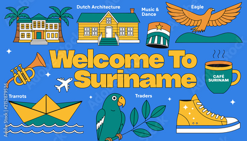 Welcome To Suriname: Dutch Architecture, Eagle, Parrot, Coffee, Paper Boat, Trumpet, Sneaker - South American Culture