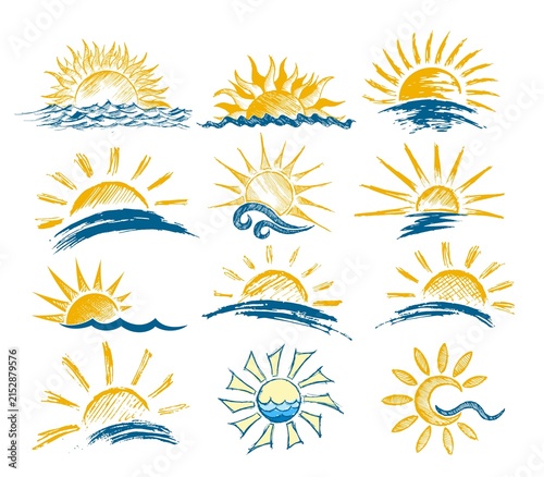 A sun dawn logos with blue wave.
