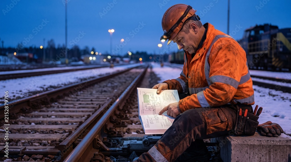 Fototapeta premium Professional railroad engineer studies technical schematic diagrams while sitting on icy train tracks during evening hours