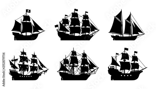Photography 70 Set of 6 Silhouette Sailing Ships, Vintage Galleons and Frigates, Nautical Ve