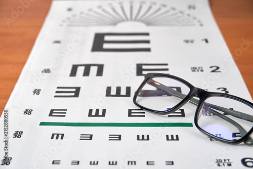 Foto Black prescription eyeglasses on Snellen eye chart on wooden table