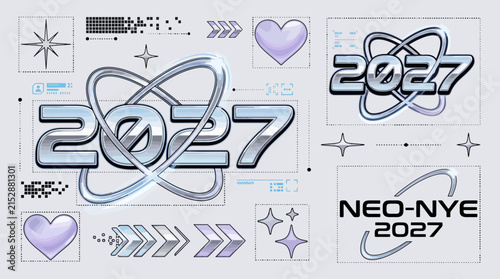 Neo-NYE 2027 graphic album stickers. Y2K aesthetic collage with chrome typography, metallic halftone texture, retro violet hearts, futuristic arrows and sparkles for social media