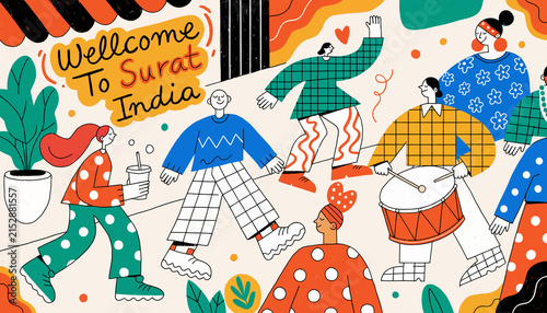 Welcome to Surat, India - Diverse People Celebrating and Dancing in Colorful Illustration Style