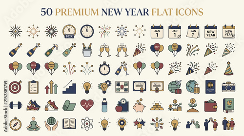 50 Premium New Year Flat Icons, Modern Holiday Vector Collection for Social Media, Design Templates, Website UI, Celestial Graphics and Celebrations