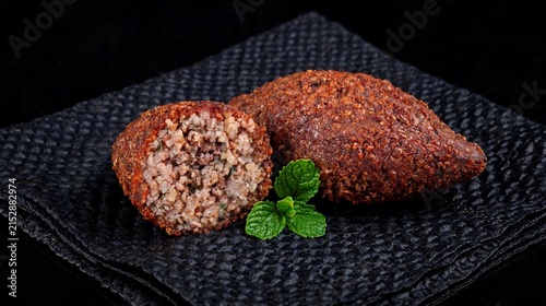 A crispy, fried meat kibbeh sits on a black paper towel against a black background
