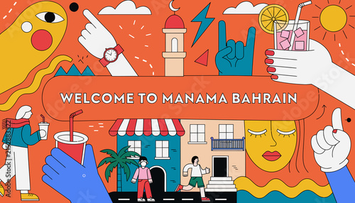 Welcome to Manama, Bahrain: Vibrant Cityscape and Cultural Icons with Stylized Characters