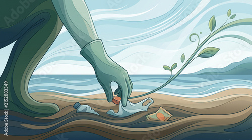 A person in a glove picking up trash on the beach with the ocean and growing plants in the background.